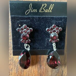 New Jim Ball Garnet Colored Drop Earrings Rhinestone Prom Dance Formal